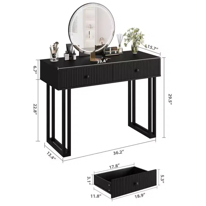 Vanity Desk with Mirror and LED Lights, 3-Color Lighting, Spacious Storage, Modern Minimalist Makeup Table, Easy Assembly
