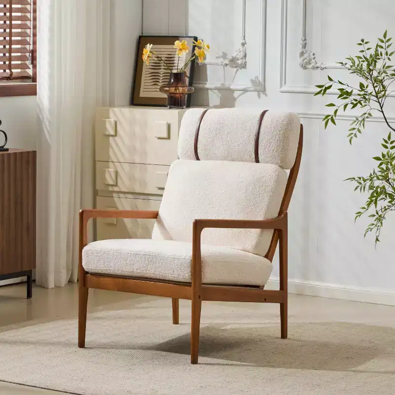 Mid-Century Modern Wooden Armchair with High Back and Cushions