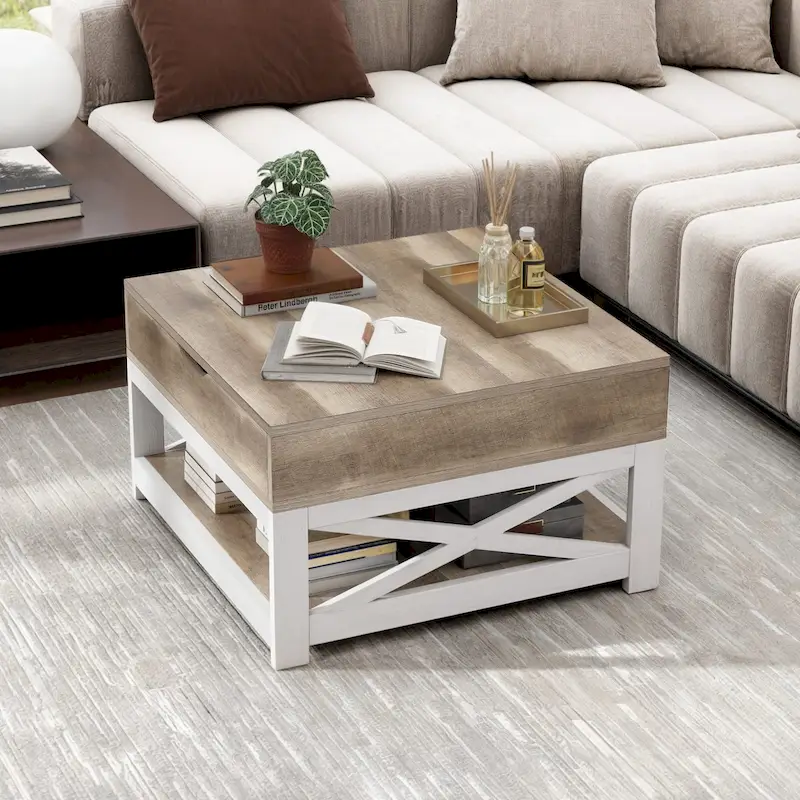 Farmhouse Square Lift Top Coffee Table with Storage Shelf for Living Room