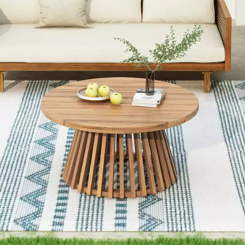 Acacia Wood Round Patio Coffee Table, Outdoor Wooden Accent Table with Unique Striped Base