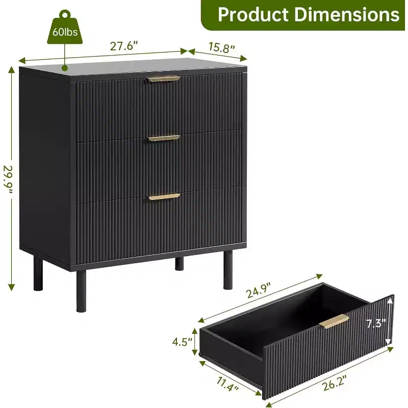 Acekool 3-Drawer Dresser, Modern Wavy Panel Storage Cabinet, Sturdy Bedroom Organizer for Living Room or Entryway