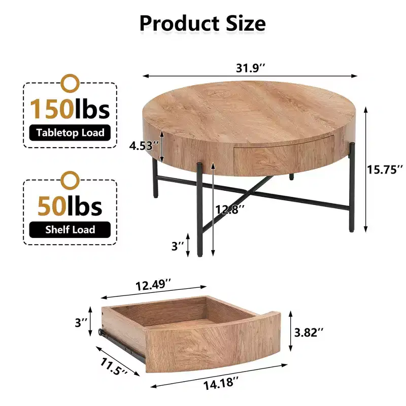 GustoWave Round Coffee Table with Storage, Farmhouse Circle Coffee Table for Living Room, Balcony, Apartment