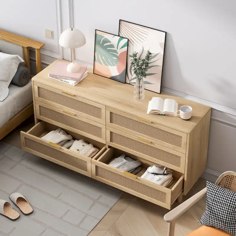 59.066-Drawers Rattan Storage Cabinet with White Drawer Slides