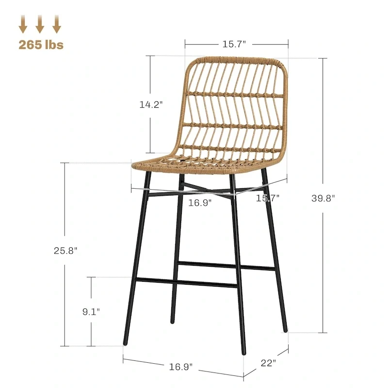 HOMCOM Rattan Counter Height Bar Stools Set of 2, 26 Wicker Barstools with Back, Modern Bar Chairs for Kitchen Island, Black