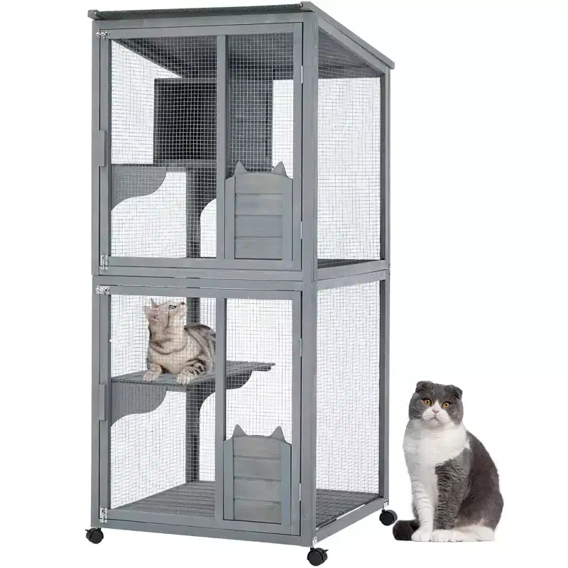 Cat Enclosure, 69-Inch Wooden Catio 4-Tier - 37x34x69in Waterproof Roof Removable Tray Lockable Casters Indoor/Outdoor Multiple Accesses