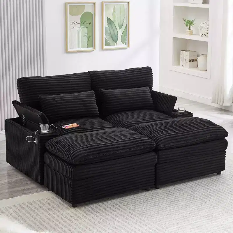 Modern 70.9 Sectional Loveseat Sofa with Storage, Ottomans, 4 Ports & 2 Cup Holders