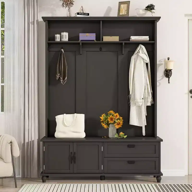 Acekool Modern Hall Tree with Storage Cabinet, 2 Large Drawers, Wide Bench & 5 Hooks, Entryway Organizer for Living Room, Black