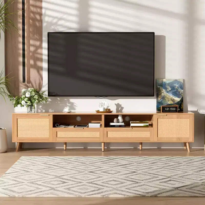 GDFStudio Darwin Modern Farmhouse Rattan Weave TV Stand for TVs up to 90'', with Solid Wood Legs