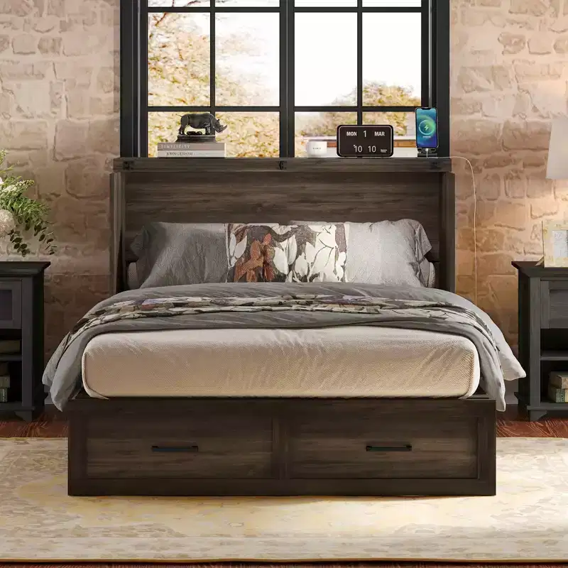 Full Size Farmhouse Cabinet Bed with Foldable Platform and Large Storage Drawer, Rustic Gray
