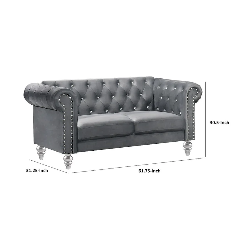 Ben 62 Inch Velvet Loveseat with Crystal Tufted Back, Grey