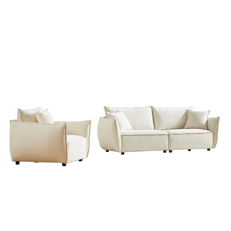 2-Pieces Linen Fabric 4-Seat Modular Sofa Set with 3+1 Seater Combo and Wooden Frame & 3 Pillows