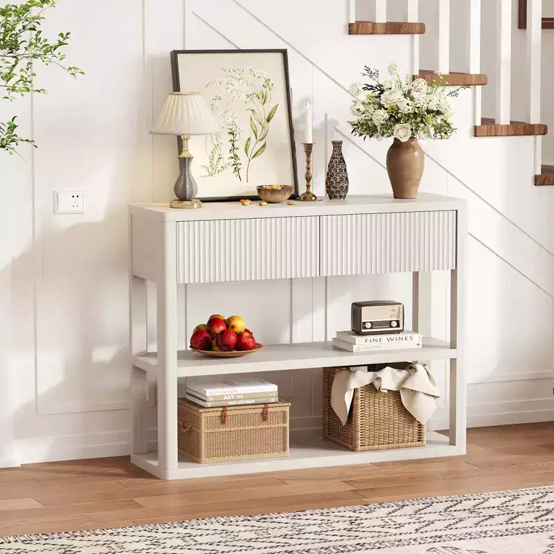 34.6 Tall Console Table with 3-Tier Storage Shelves, Fluted Wood Entryway Sofa Table Behind Couch with 2 Drawers for Living Room Hallway, White Grey