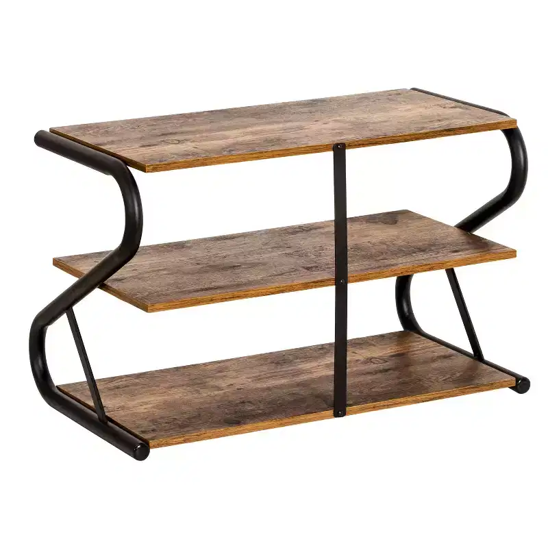 3 Shelves Z-Frame Wooden Shoe Rack With Matte Black Metal: Small Shoe Storage For Closet, Holds 9 Pairs