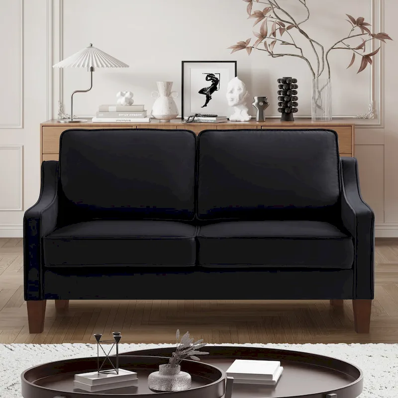 Modern Velvet Loveseat Sofa with Wooden Legs – Taupe / Black / Navy, 2-Person Use