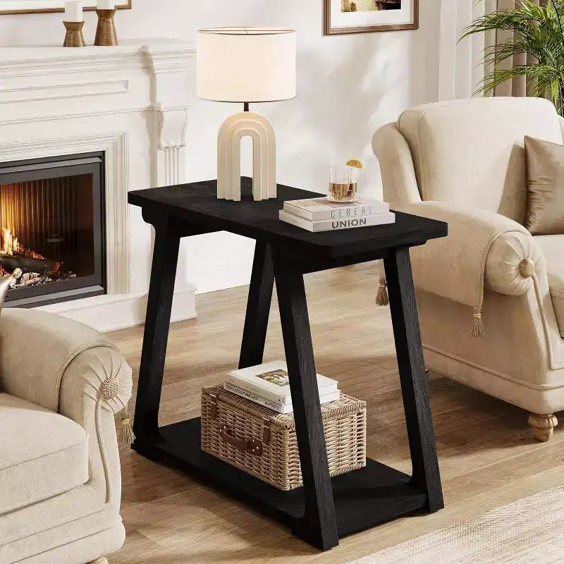 2-Tier Solid Wood End Table, Rectangle Farmhouse Narrow Side Table with Trapezoidal Base for Living Room, Easy Assembly