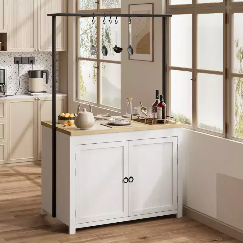 42 Kitchen Island with Storage, Multi-Functional Island Table with 2-Tier Shelves, Kitchen Counter with 5 Hooks, White & Natural