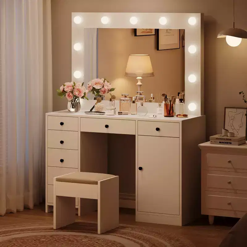 White Vanity Desk with Mirror & Lights, Modern Makeup Table with Charging Station & Drawers, Wooden Storage Vanity for Bedroom