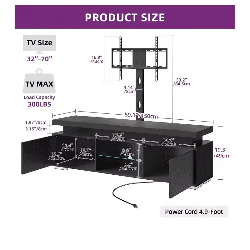 Modern TV Stand with Height Adjustable Mount for 65 Inch TV, LED Entertainment Center with Storage, Media Console Cabinet for Living Room , Black