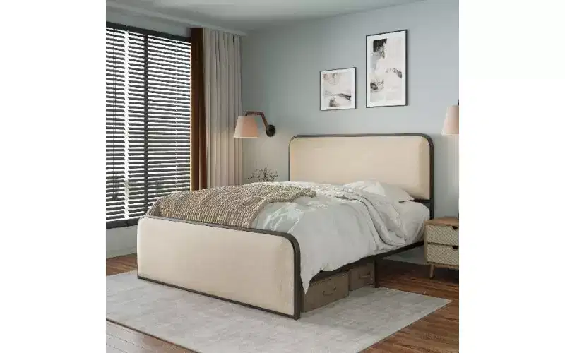 TUYOHW Queen Size Platform Bed Frame with Upholstered Curved Headboard & Footboard, Heavy-Duty Metal Bed Frame with Under-Bed Storage
