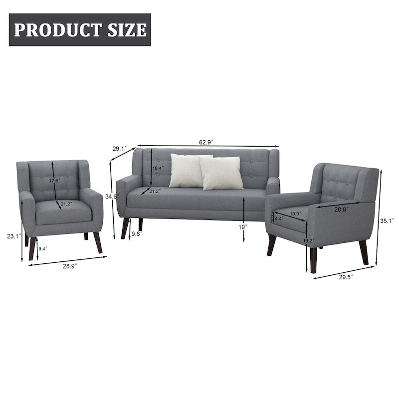 Tufted Linen/Cotton Loveseat with 2 Accent Chairs