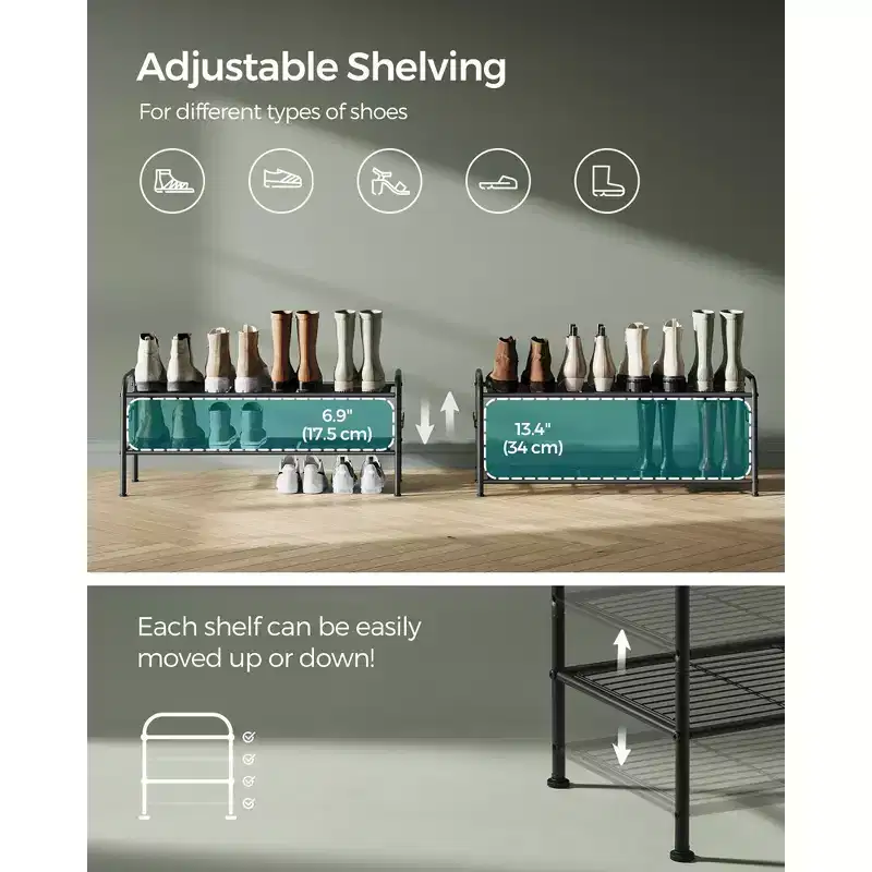 Shoe Rack, 2-Tier Shoe Organizer, Metal Shoe Shelf Storage with 4 Side Hooks, Holds 10 Pairs of Shoes, Height-Adjustable Shoe Rack, Ink Black