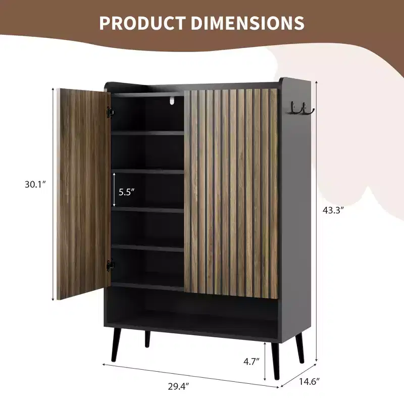 Large Shoe Cabinet with Doors6-Tier Shoe Organizer with 2 Doors & Additional Hooks for Hallway, Entryway, Living Room