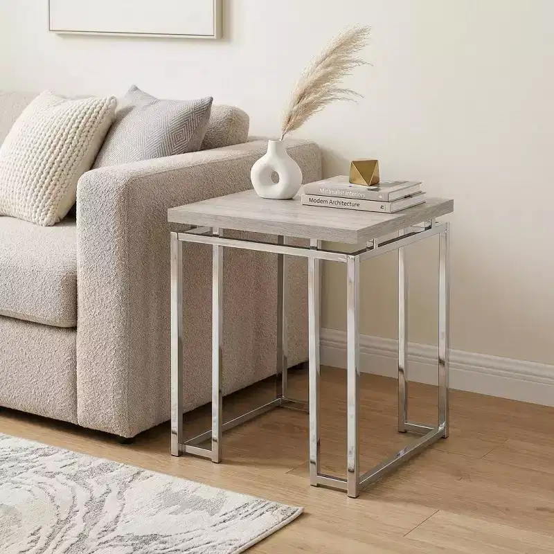 HomeRoots 24 Chrome And Natural Oak Manufactured Wood And Metal Square End Table