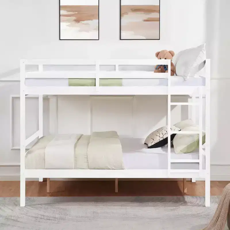 Full over Full Bunk Bed with Ladder  Wooden Frame with High Guardrails for Kids  No Box Spring Needed  Sturdy and Space-Saving  White