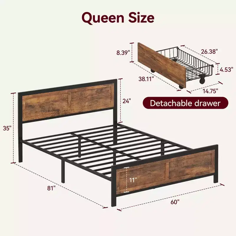 Dyonery Queen Size Storage Bed Frame with 4 Drawers, Wood Headboard & Footboard, Heavy Duty Steel Slats, Noise Free, No Box Spring & Easy Assembly