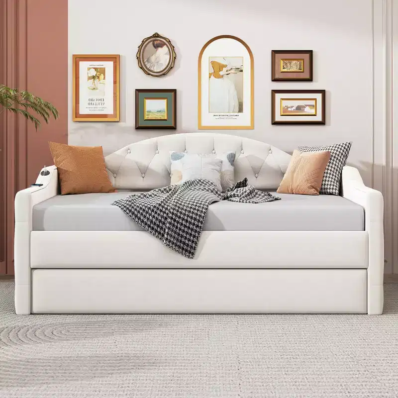 Twin Upholstered Daybed with Trundle, Tufted Velvet Sofa Bed with USB Charging Ports