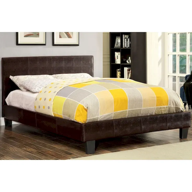 Brown Faux Leather Low-Profile Platform Bed with Crocodile Texture and Tapered Legs for 1–2 Person