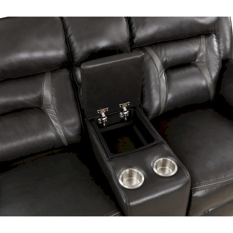Millie 76 Inch Manual Dual Recliner Loveseat, Cupholders, Gray Faux Leather