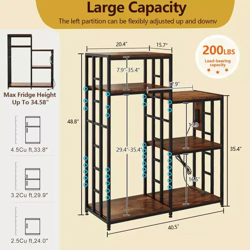 48.8in Adjustable Mini Fridge Shelf with Power Outlet, 360LBS Sturdy Stand, 6-Tier Storage for Kitchen/Living Room/Office/Dorm