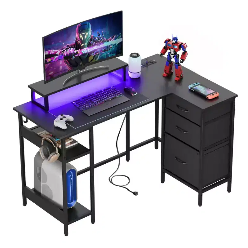 GALAXHERO 47-Inch L-Shaped Gaming Desk, Corner Computer Desk with Storage, Power Outlets & LED Lights, Office/Gaming Desk for Bedroom