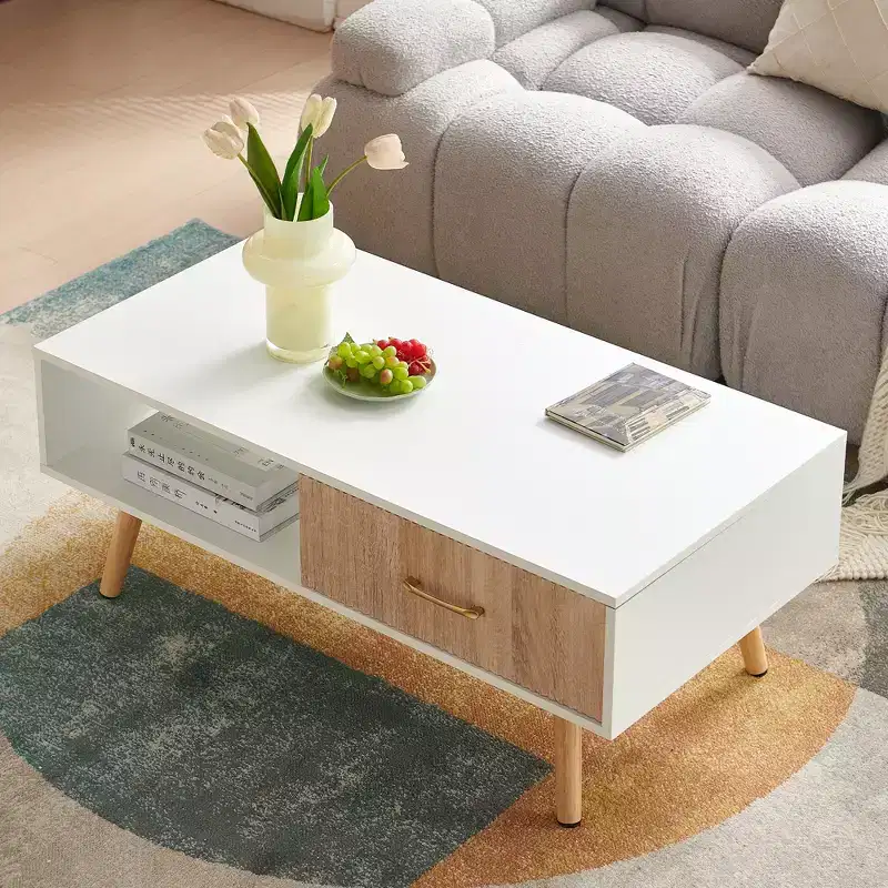 Coffee Table Rectangle with Sliding Drawer for Storage White