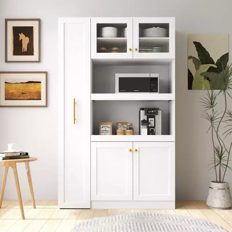 White Wood 43.31 in. Pantry Cabinet with Pull-Out System