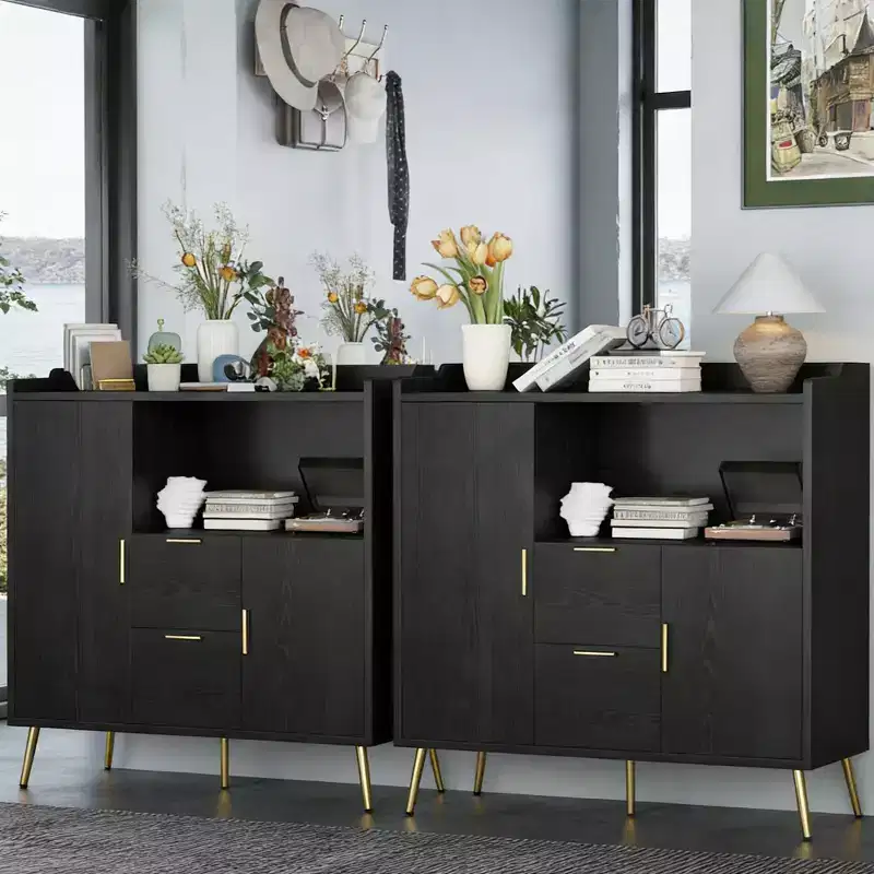 Set of 2 Modern Buffet Cabinet with Drawers, 40 Sideboard Storage with Shelves & Doors for Kitchen Dining Room