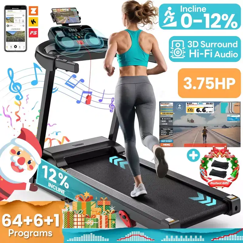 3.75HP Treadmill 300lb Capacity, Incline Folding Treadmill, 64+7 Smart Program, 7.5MPH, APP Control,Treadmill for Home Jogging Walking w/ HiFi Speaker