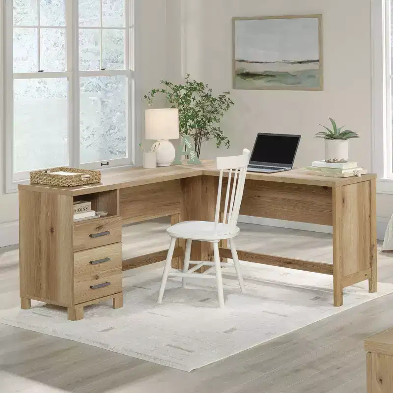 L-Shaped Desk with File Drawer Timber Oak