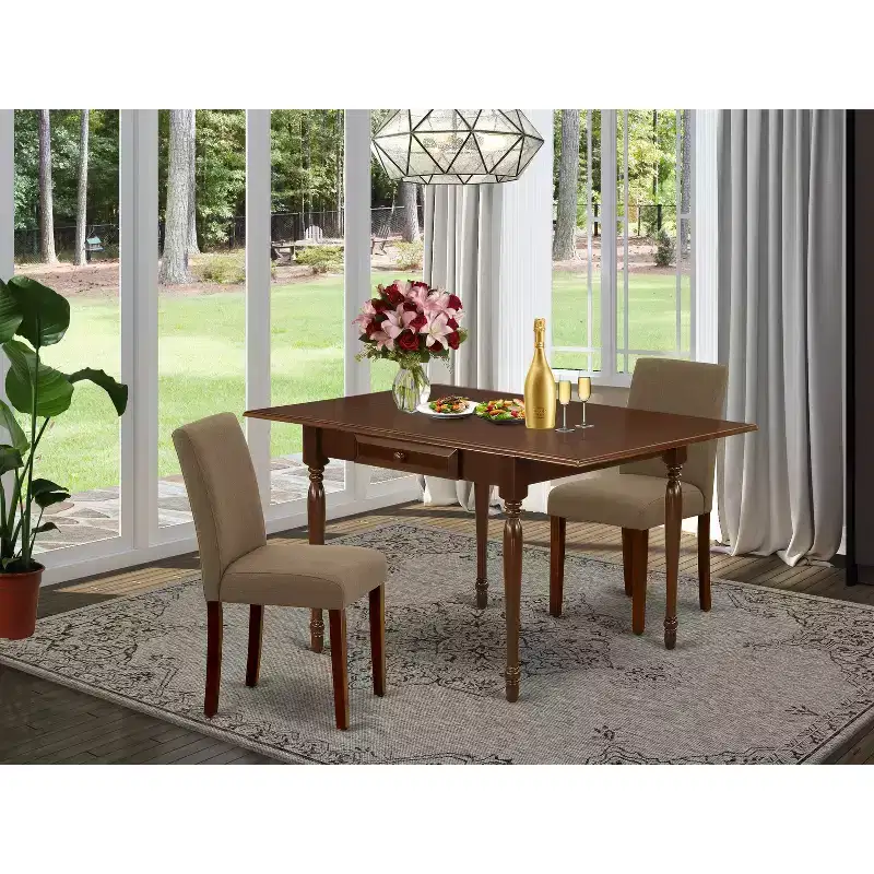 HomeStock 3-Pc Mahogany Finish Solid Wood Top with Dropleaf Dining Table Set - Seats 2