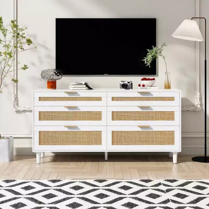MAYEERTY 59 Rattan Storage Cabinet with 6 Drawers Metal Handle & Wood Legs for Living Room Bedroom White