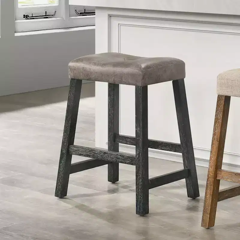 Okak 25 Inch Counter Stools Set of 2, Rustic Backless Barstools with Leather Seat and Distressed Finish, Space-Saving Farmhouse Seating