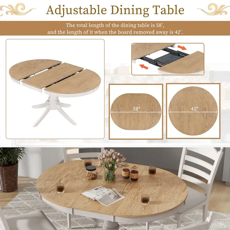 5-Piece Dining Table Set Round Extendable Dining Table and 4 Chairs