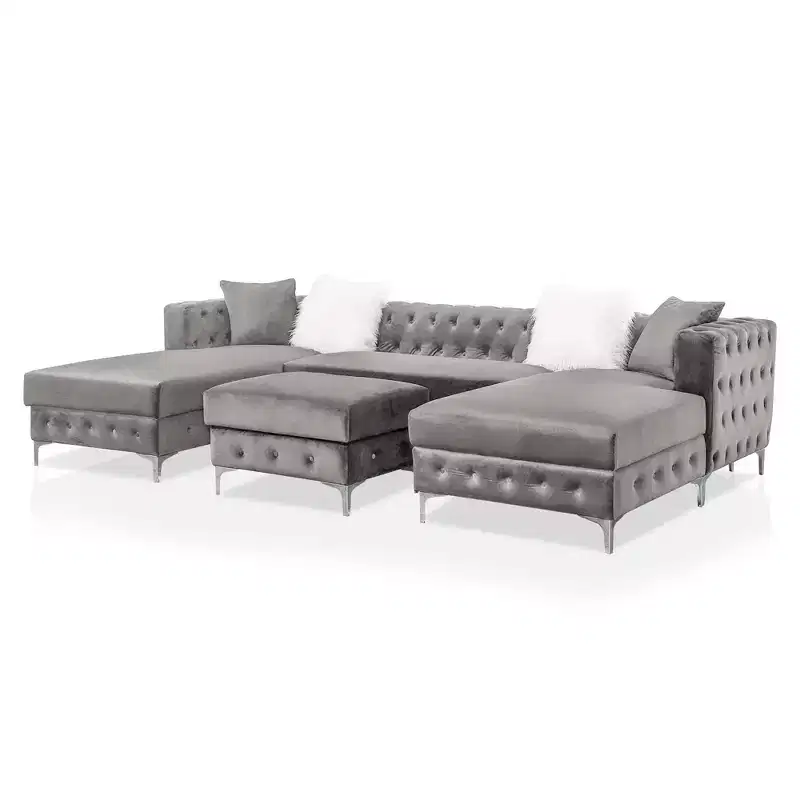 HOMES: Inside + Out Elmhurst U Shaped Deep Button Tufted Sectional with Ottoman Gray : Modular, Transitional Style Sofa
