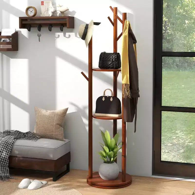 Freestanding 360° Rotary Wooden Coat Rack with 3 Shelves & 9 Hooks