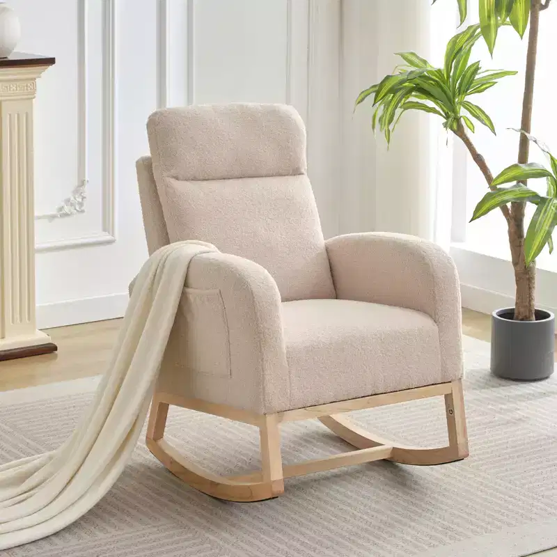 Upholstered Glider Rocker Chair with High Backrest & Wooden Legs, Comfy Nursery Rocking Accent Chair with Side Pocket for Living Room