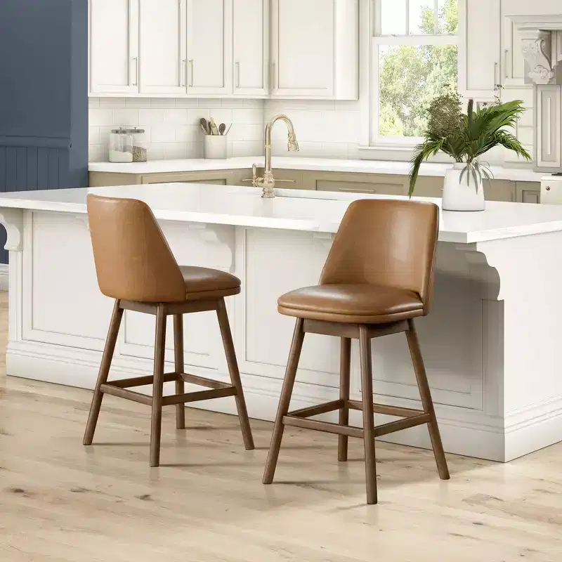 26 Swivel Counter Stool, Walnut Finish & Brown Leather, 4 Pack