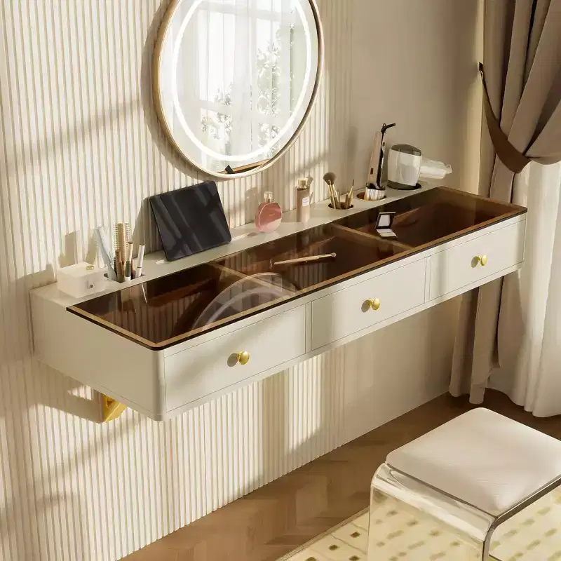 Multi-Purpose Wall-Mounted Vanity Desk with Drawer, Glass Tabletop, Compact Makeup Vanity for Bedroom
