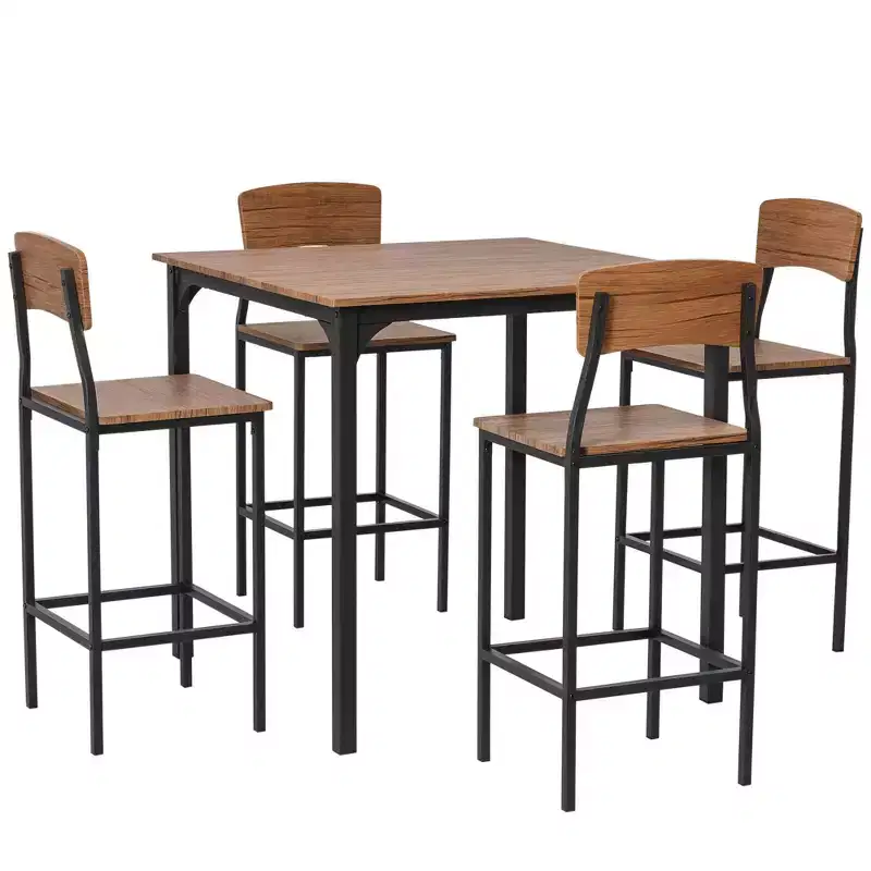5-Piece Counter Height Bar Table with Space-Saving Design, Square Kitchen Table and Chairs Set with Footrest, Metal Legs, Industrial Dining Table