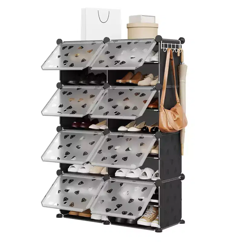 8-Tier Large Capacity Shoe Rack Organizer with Hooks, Easy DIY Assembly, Shoe Storage Cabinet for Closet Hallway Bedroom